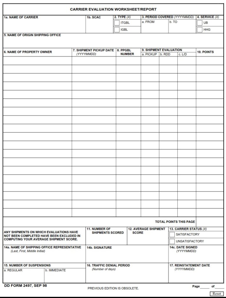 DD Form 2497 Carrier Evaluation Worksheet Report DD Forms