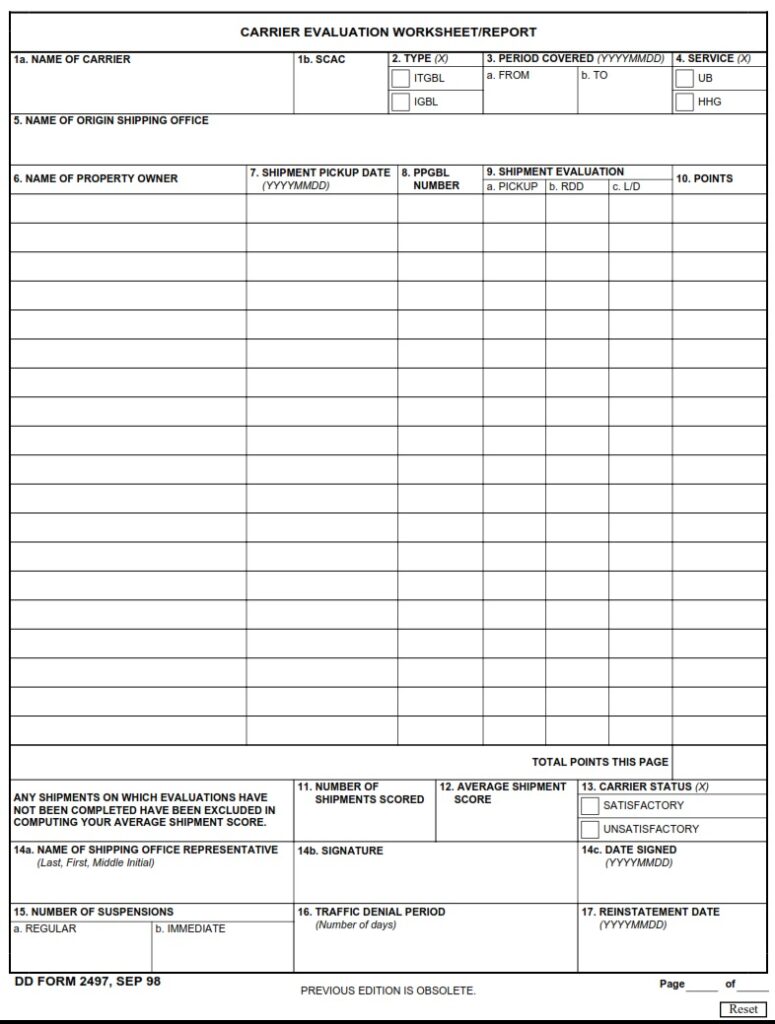 DD Form 2497 – Carrier Evaluation Worksheet/Report - DD Forms