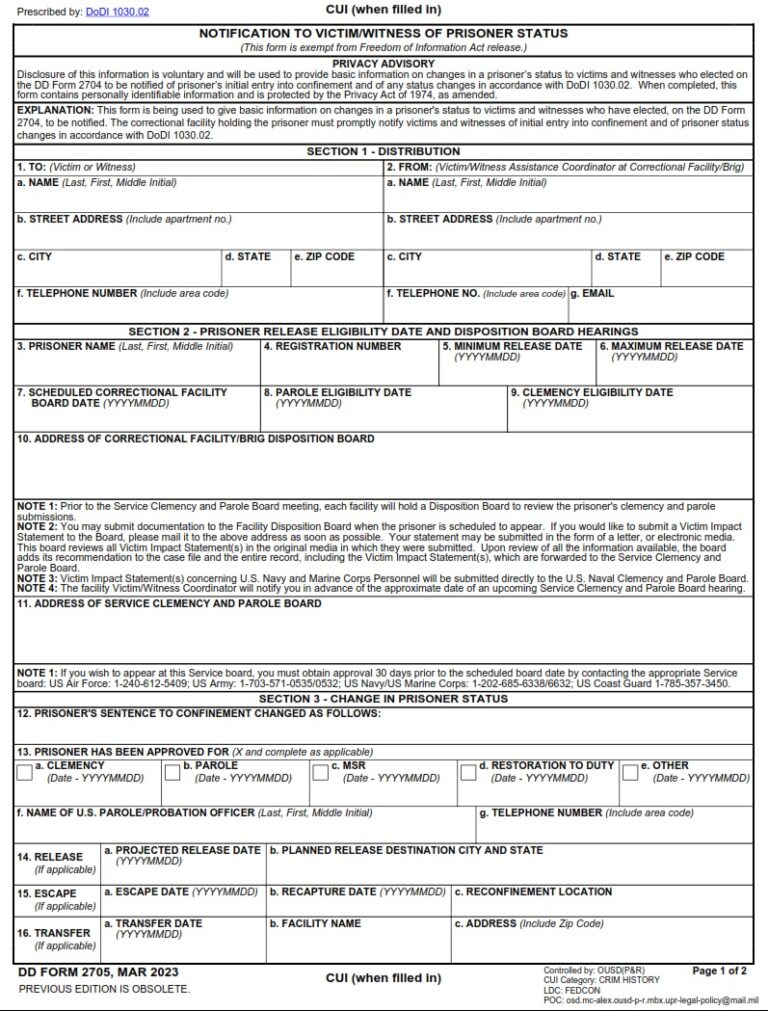 DD Form 2705 – Notification to Victim/Witness of Prisoner Status - DD Forms