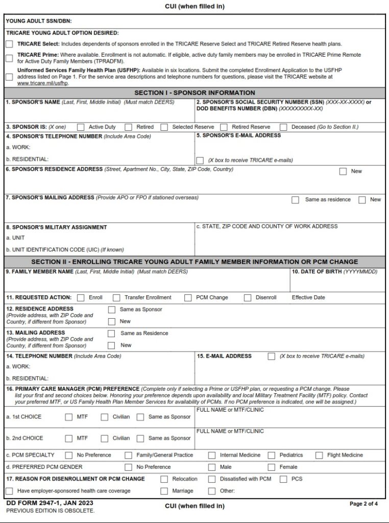 DD Form 2947-1 – TRICARE Young Adult Application (EAST) - DD Forms