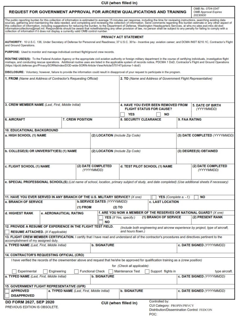 Dd Form 2627 Request For Government Approval For Aircrew