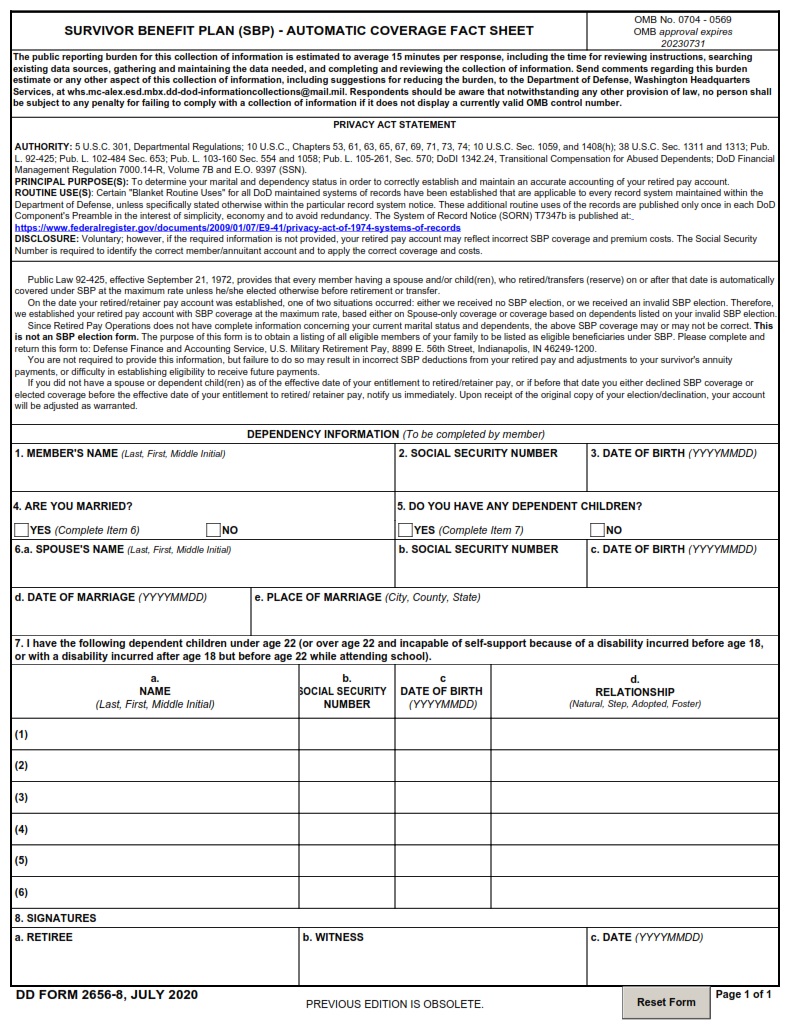 DD Form 2656 8 Survivor Benefit Plan SBP Automatic Coverage Fact Sheet DD Forms