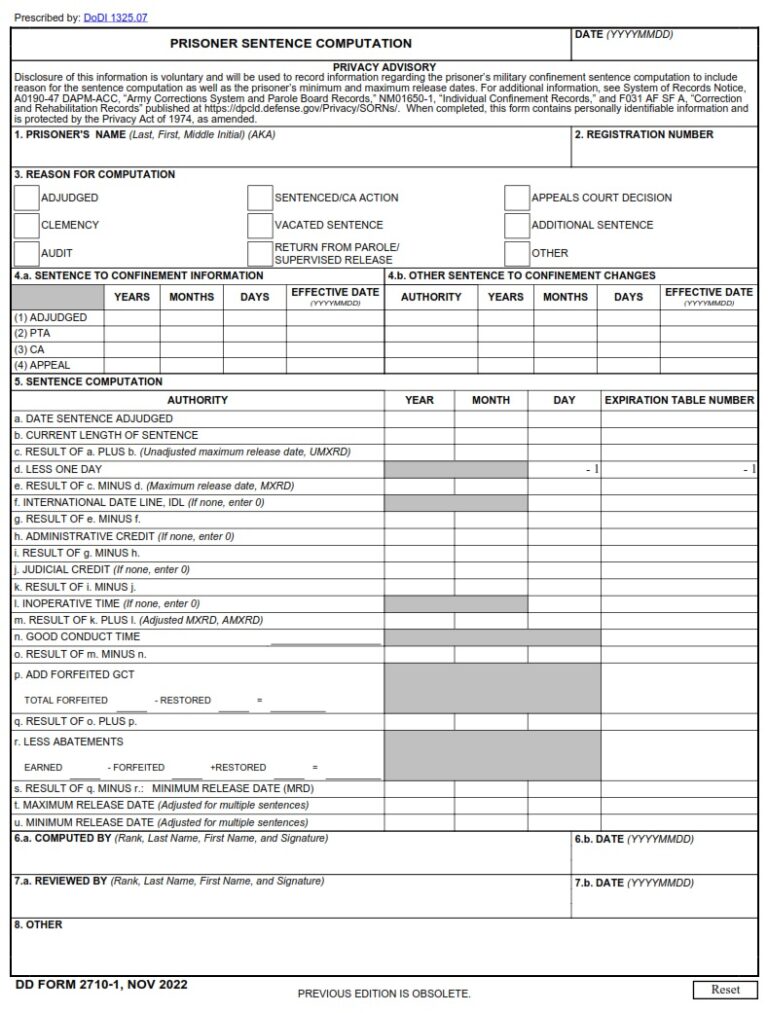 DD Form 2710-1 – Prisoner Sentence Computation - DD Forms