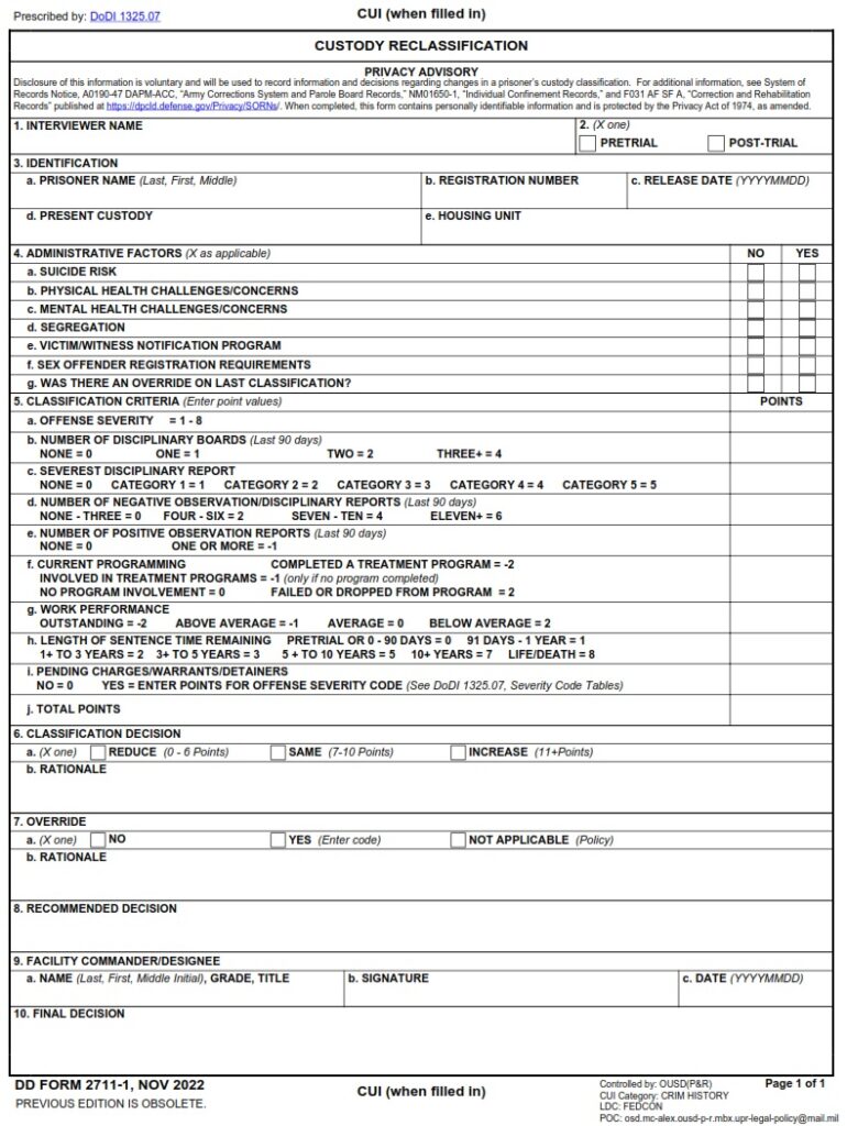 DD Form 2711 1 Custody Reclassification DD Forms DD Form 2711 1 Custody Reclassification DD Forms