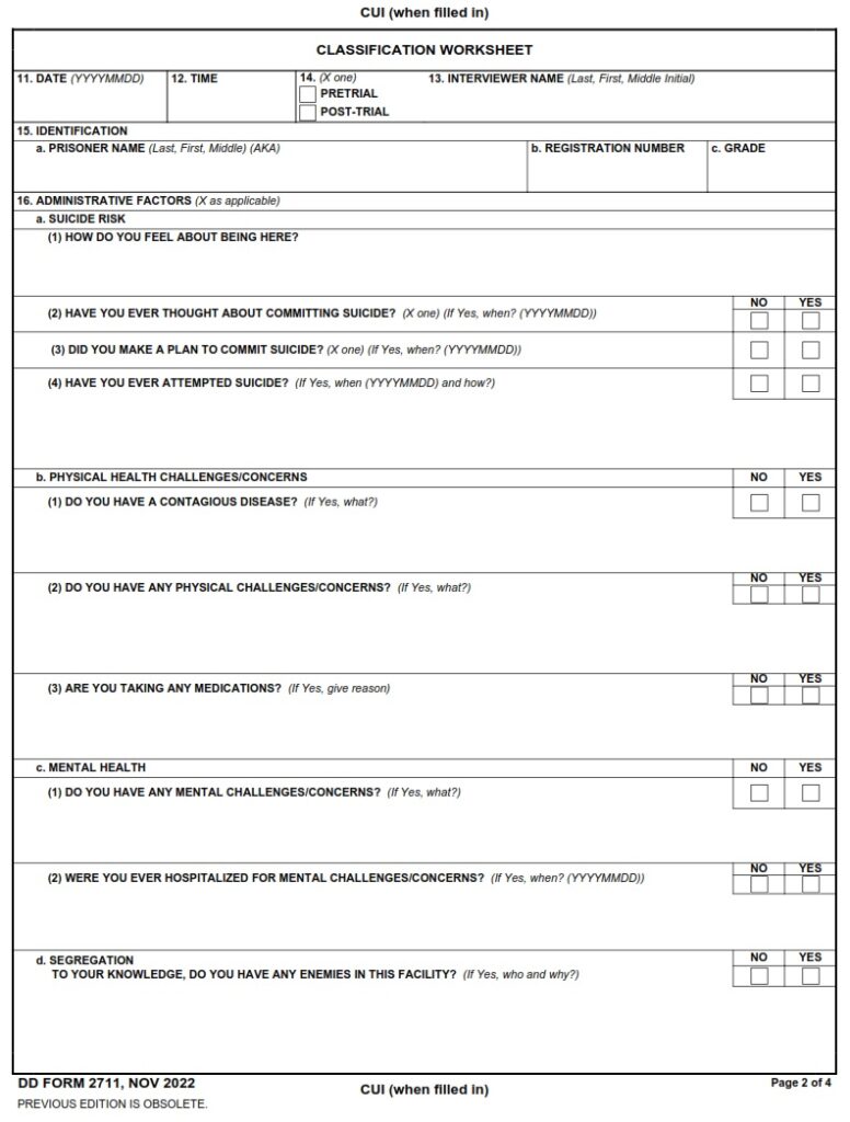 DD Form 2711 – Initial Custody Classification - DD Forms