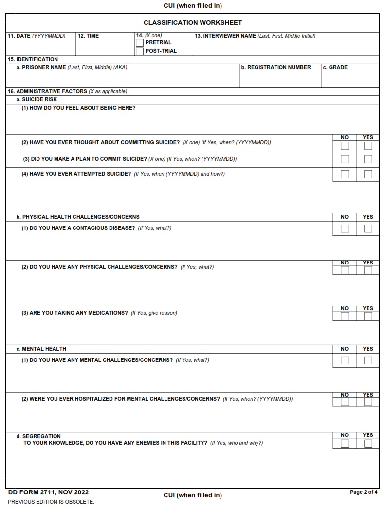 DD Form 2711 Initial Custody Classification DD Forms