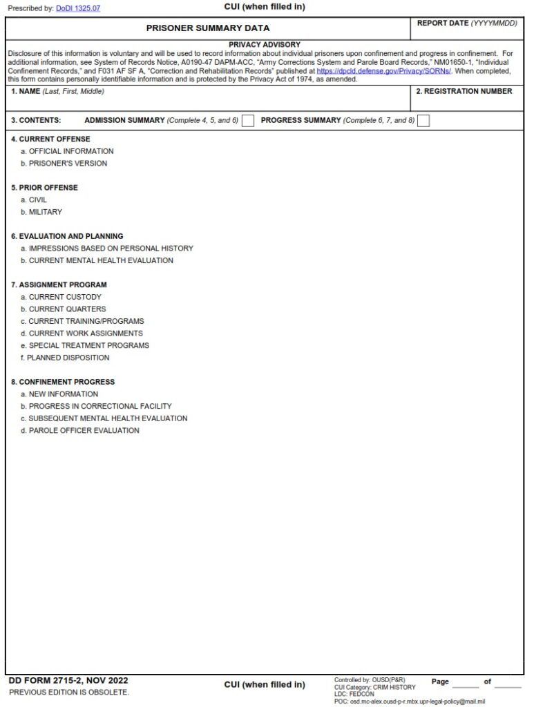 DD Form 2715 2 Prisoner Summary Data DD Forms