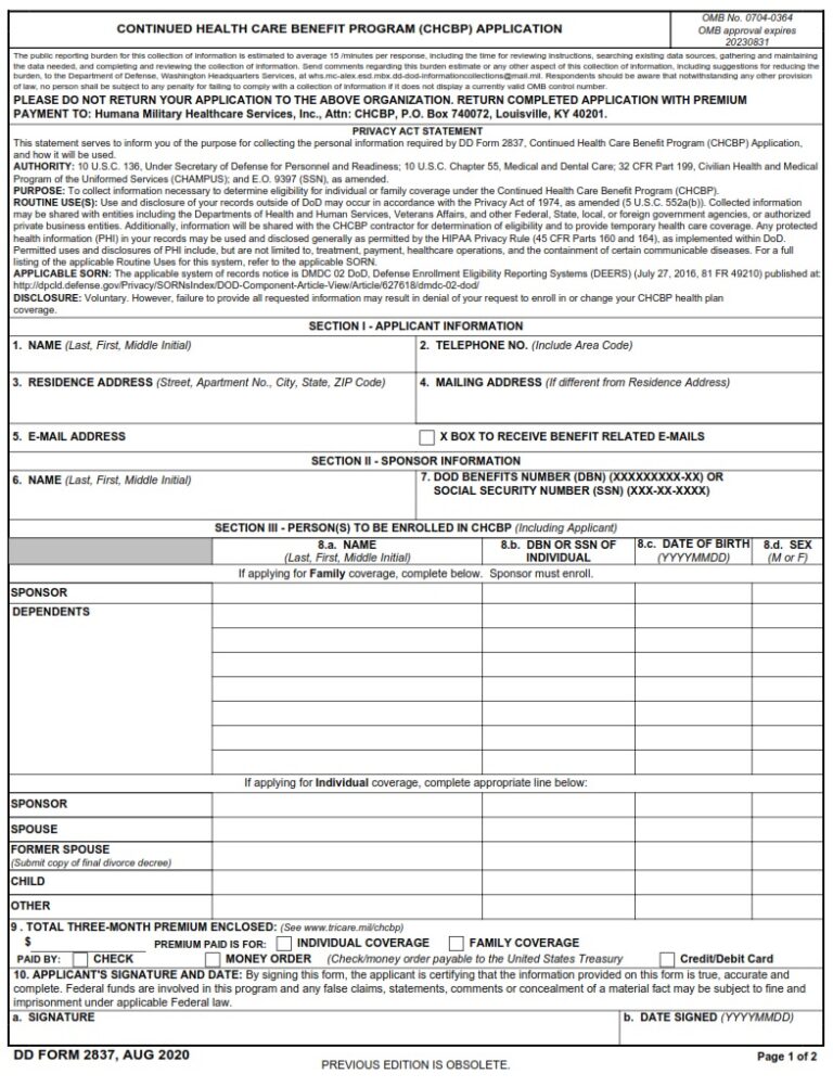 DD Form 2837 Continued Health Care Benefit Program (CHCBP) Application DD Forms