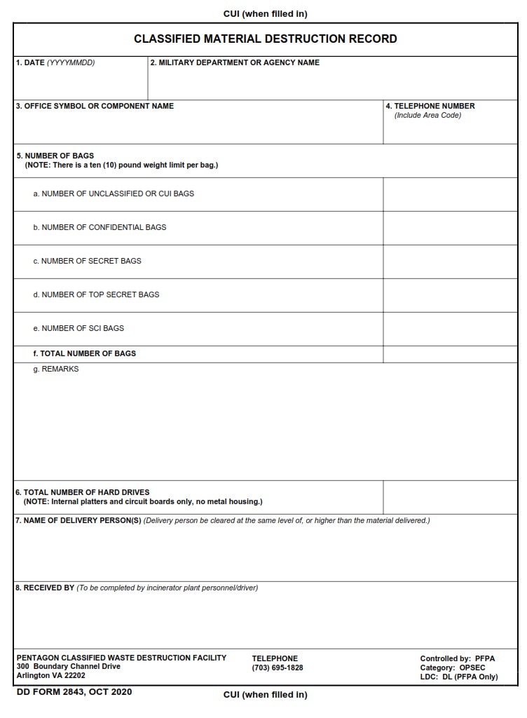DD Form 2843 Classified Material Destruction Record DD Forms