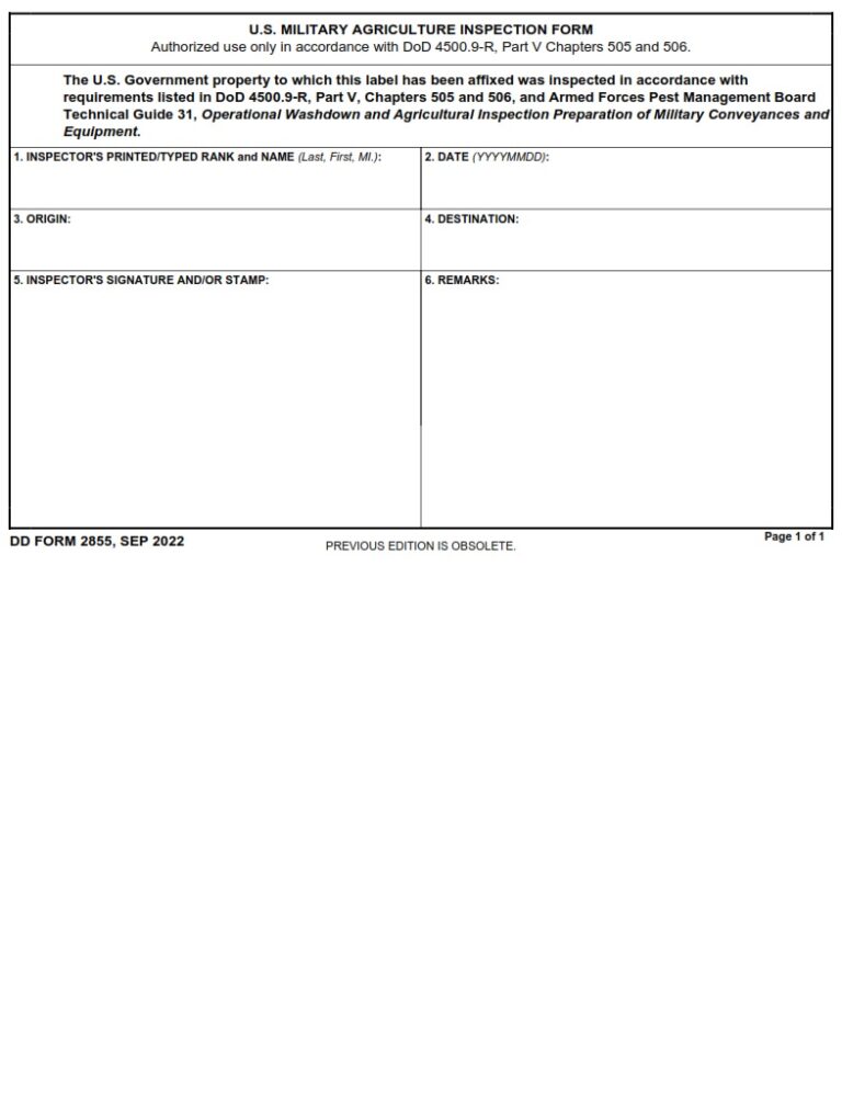 DD Form 2855 – U.S. Military Agriculture Inspection Form - DD Forms