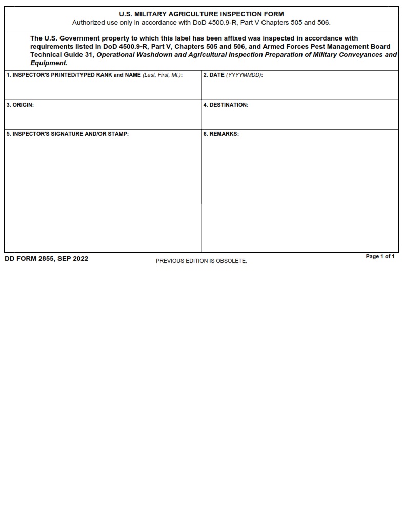 DD Form 2855 U S Military Agriculture Inspection Form DD Forms