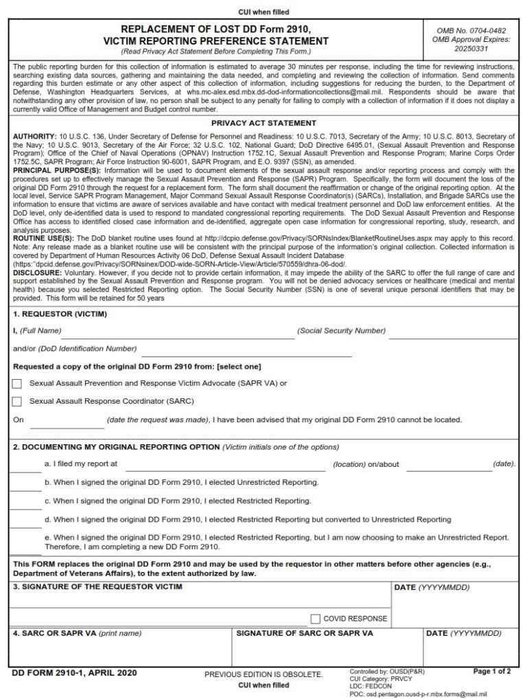 DD Form 2910-1 – Replacement of Lost DD Form 2910, Victim Reporting ...