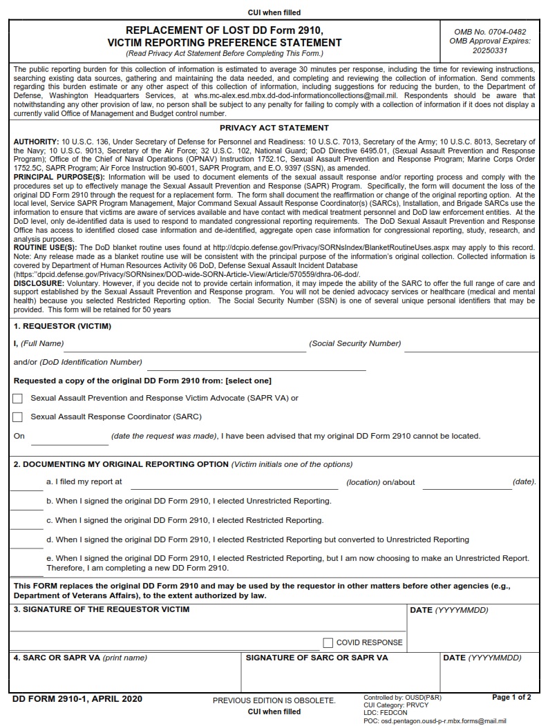 DD Form 2910 1 Replacement Of Lost DD Form 2910 Victim Reporting