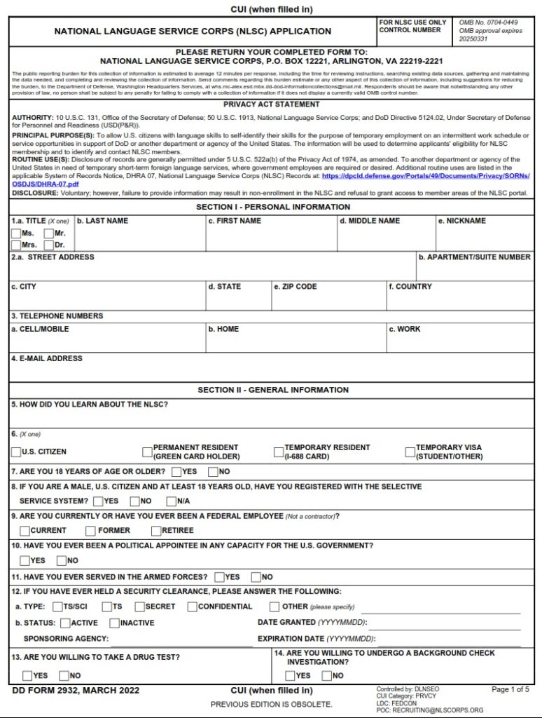 DD Form 2932 National Language Service Corps NLSC Application DD