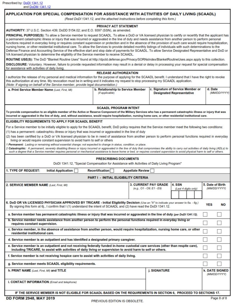 DD Form 2948 – Special Compensation for Assistance with Activities of ...