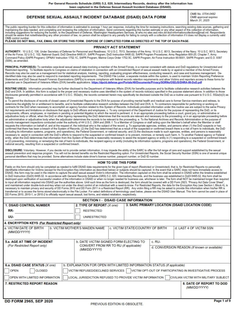 DD Form 2965 – Defense Sexual Assault Incident Database (DSAID) Data ...