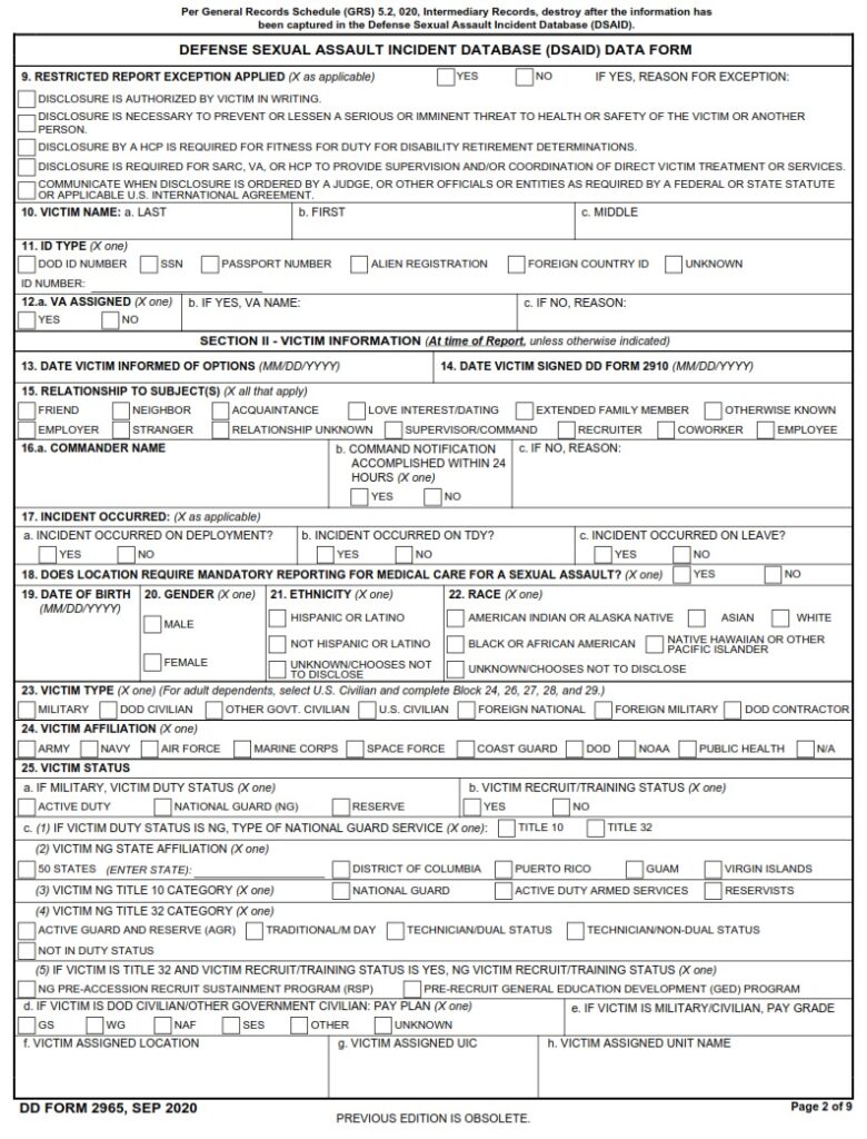 DD Form 2965 – Defense Sexual Assault Incident Database (DSAID) Data ...