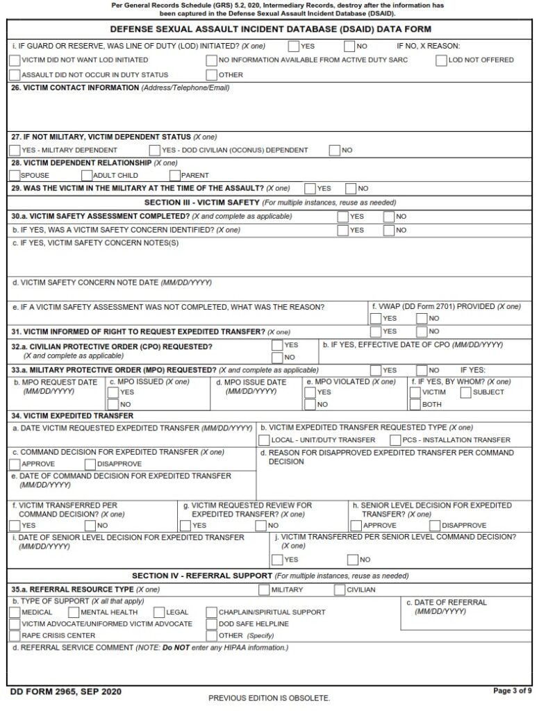 DD Form 2965 – Defense Sexual Assault Incident Database (DSAID) Data ...