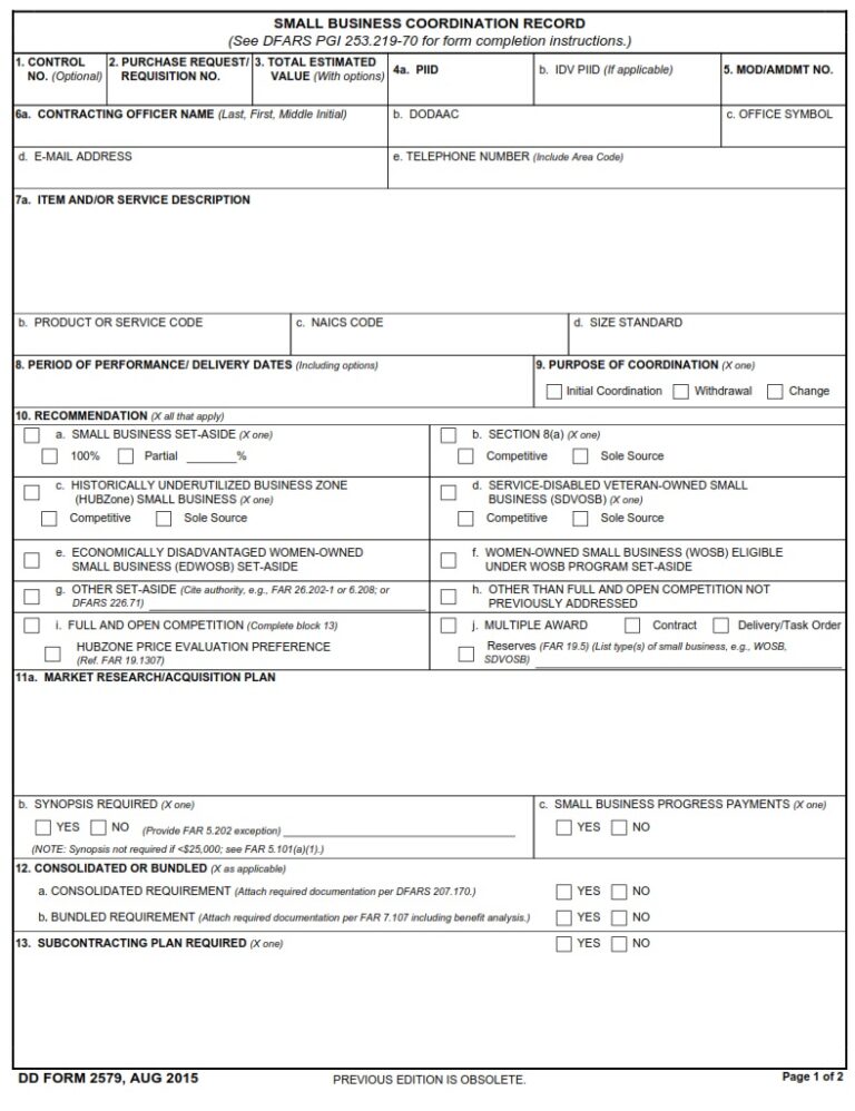 DD Form 2579 – Small Business Coordination Record - DD Forms