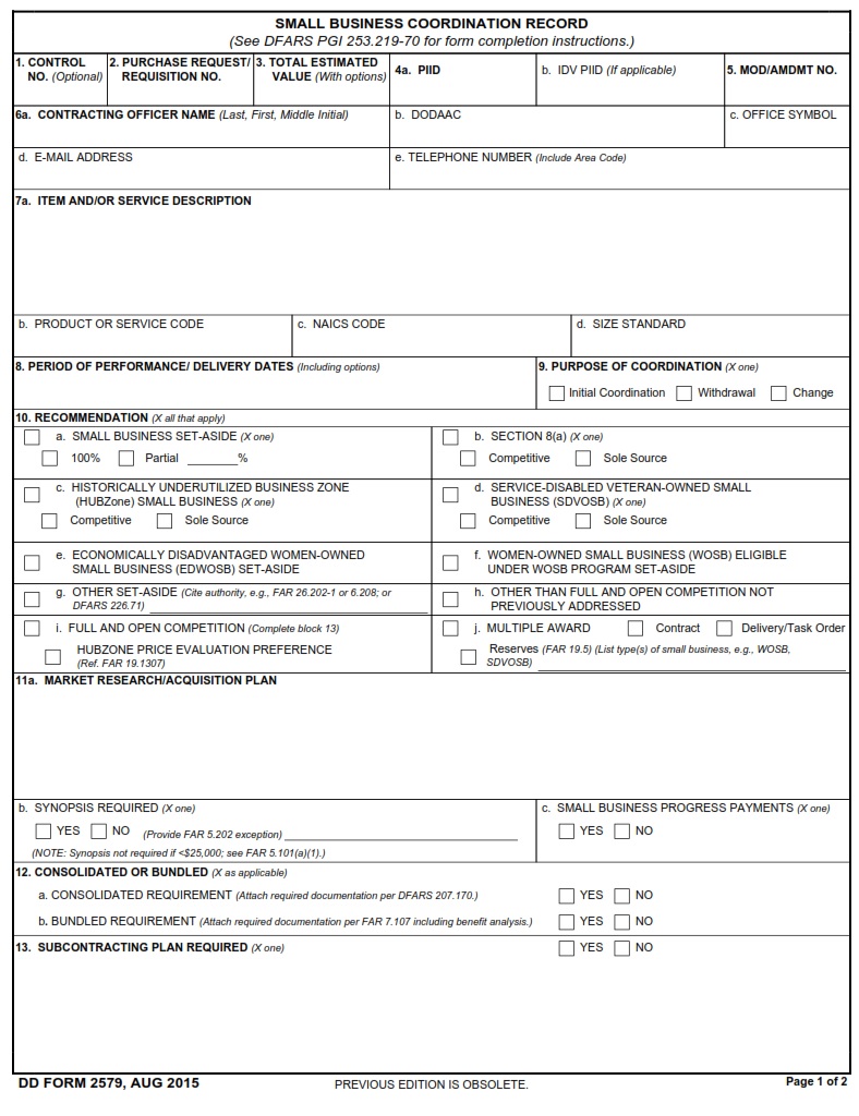 DD Form 2579 Small Business Coordination Record DD Forms
