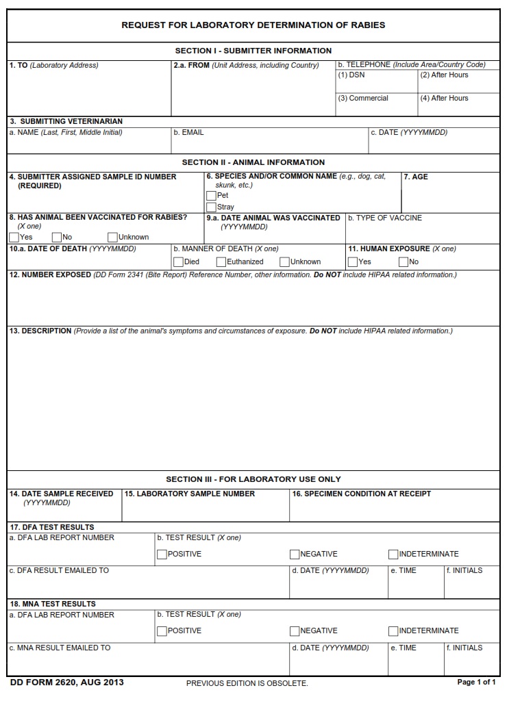 DD Form 2620 Request For Laboratory Determination Of Rabies DD Forms