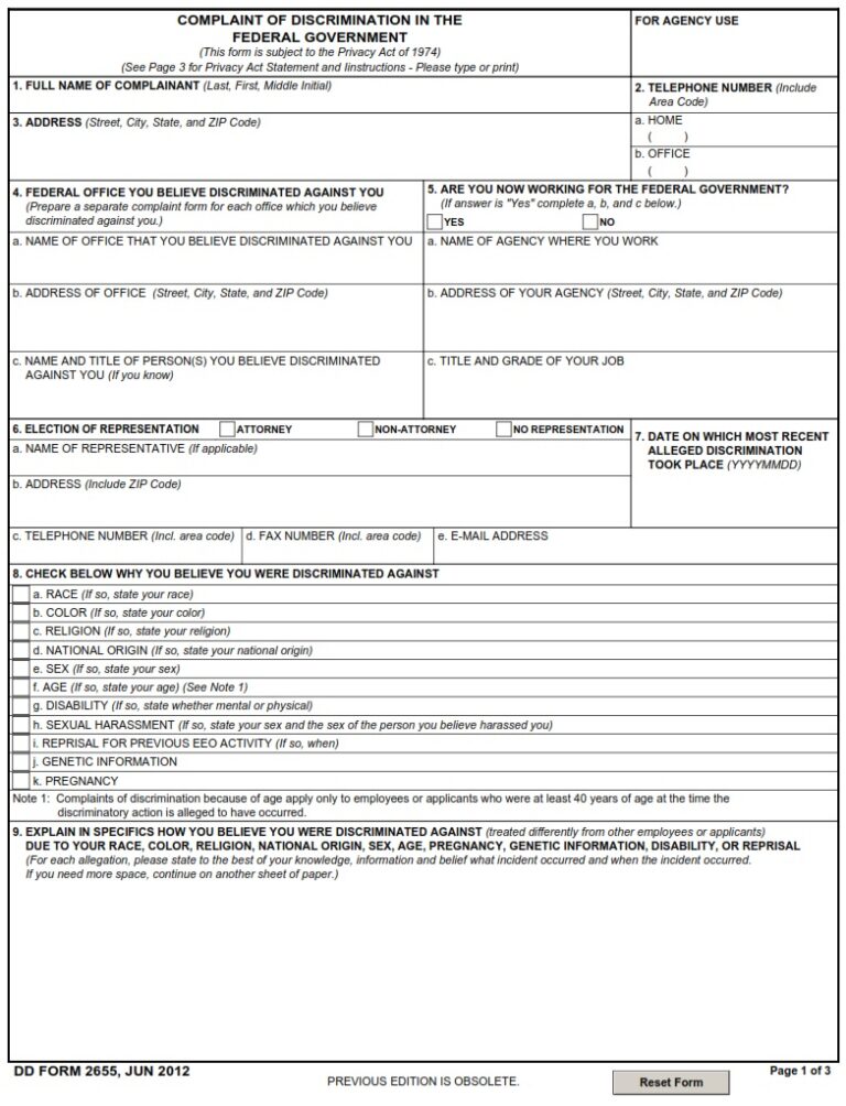 DD Form 2655 – Complaint of Discrimination in the Federal Government ...