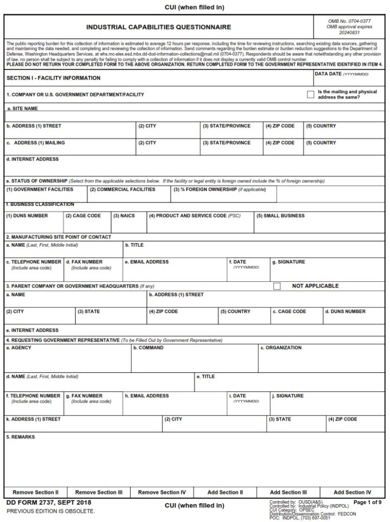 DD Form 2737 – Industrial Capabilities Questionnaire; (Instructions ...