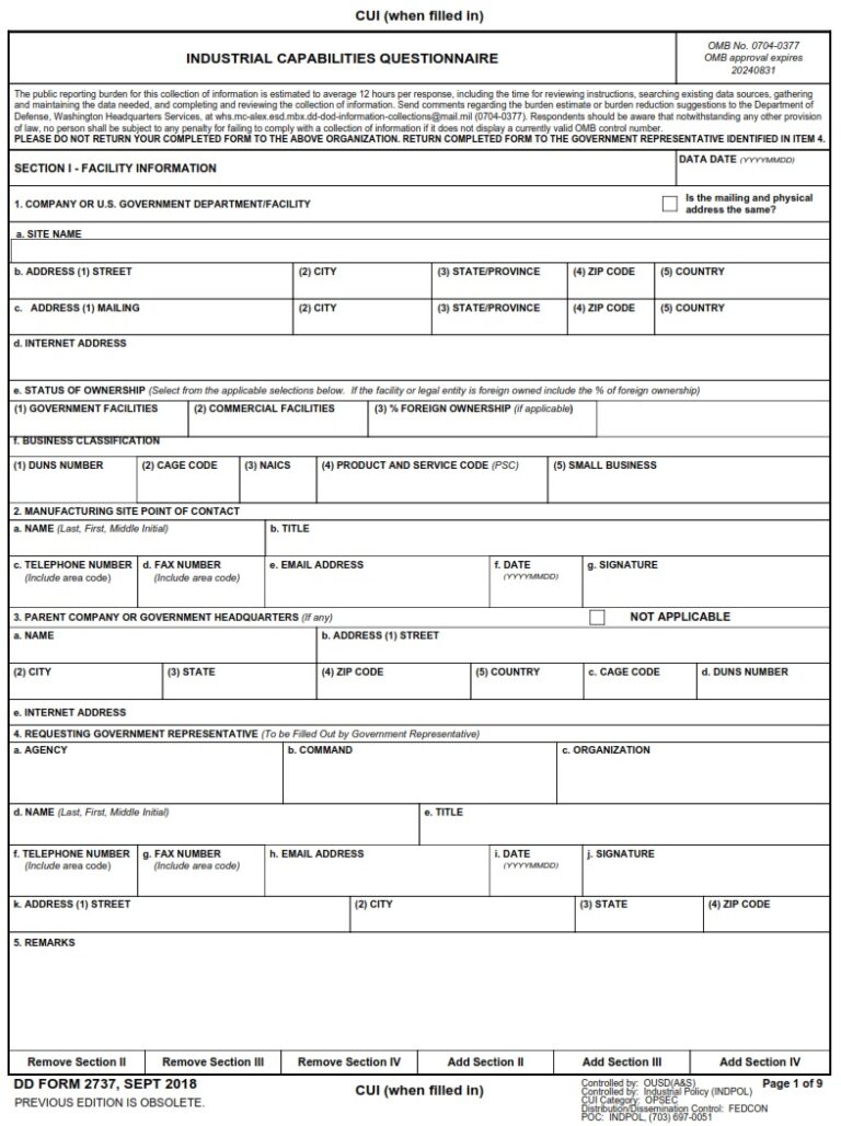 Dd Form 2737 – Industrial Capabilities Questionnaire; (instructions 