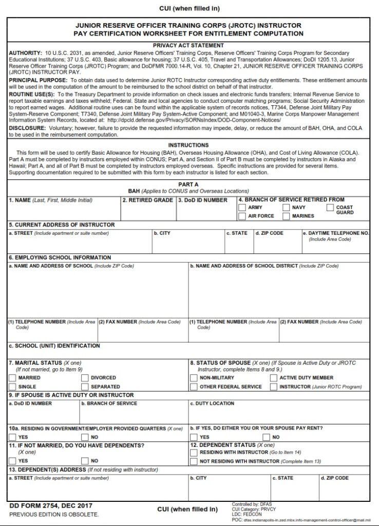 DD Form 2754 – Junior Reserve Officer Training Corps (JROTC) Instructor ...