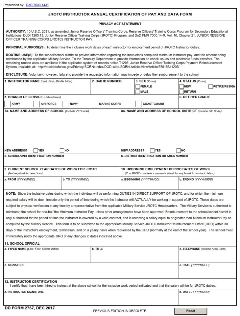 DD Form 2767 – Junior Reserve Officer Training Corps (JROTC) Instructor ...