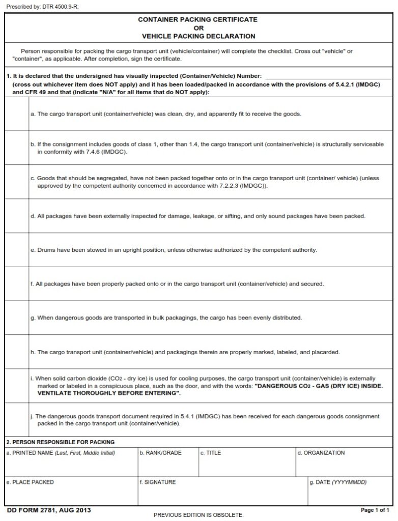 DD Form 2781 Container Packing Certificate or Vehicle Packing Declaration DD Forms