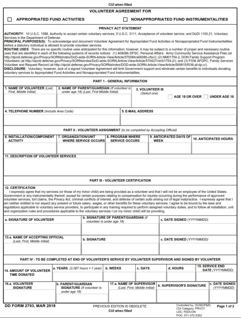 DD Form 2793 – Volunteer Agreement for Appropriated Fund Activities ...