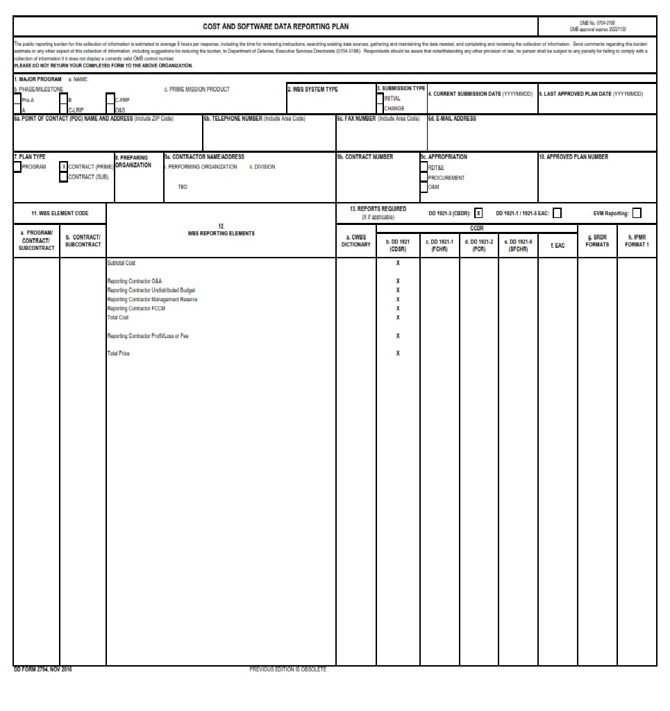 DD Form 2794 Cost And Software Data Reporting Plan DD Forms