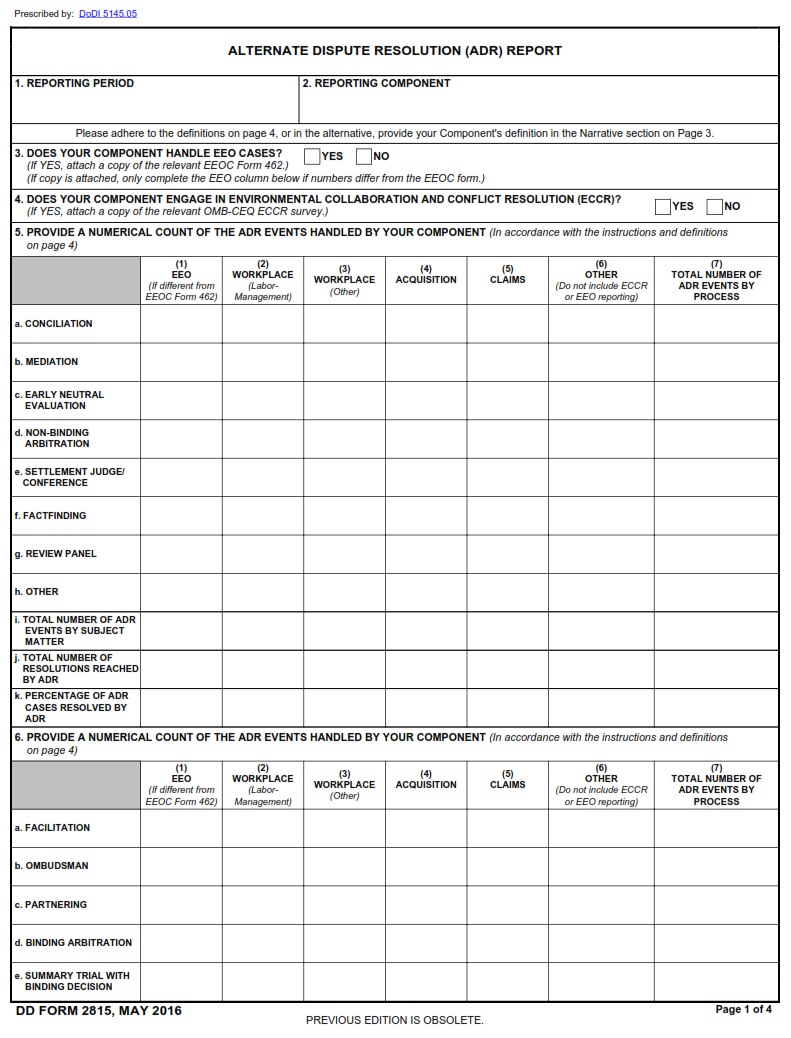 DD Form 2815 Alternative Dispute Resolution ADR Report DD Forms