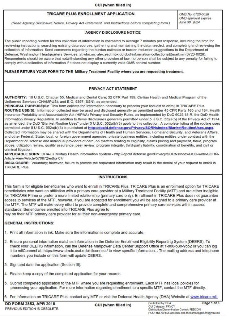 DD Form 2853 – TRICARE Plus Enrollment Application - DD Forms