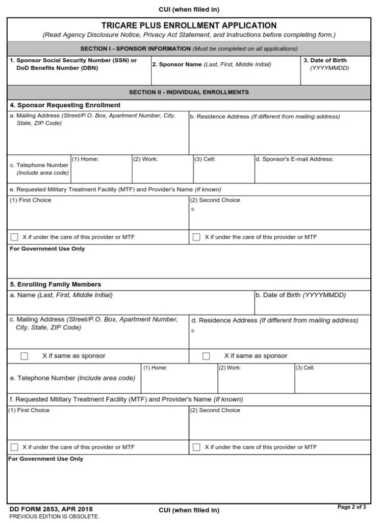 DD Form 2853 – TRICARE Plus Enrollment Application - DD Forms