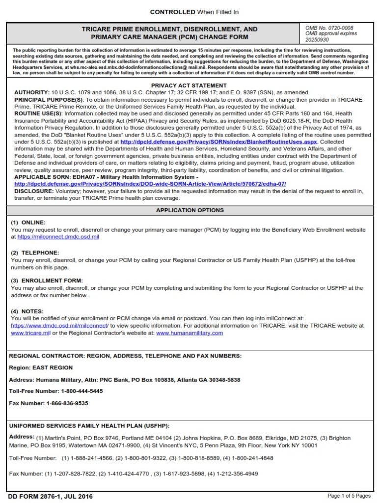 DD Form 28761 TRICARE Prime Enrollment, Disenrollment and Primary