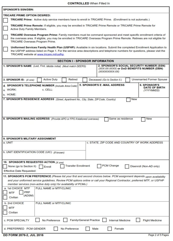 DD Form 28762 TRICARE Prime Enrollment, Disenrollment and Primary