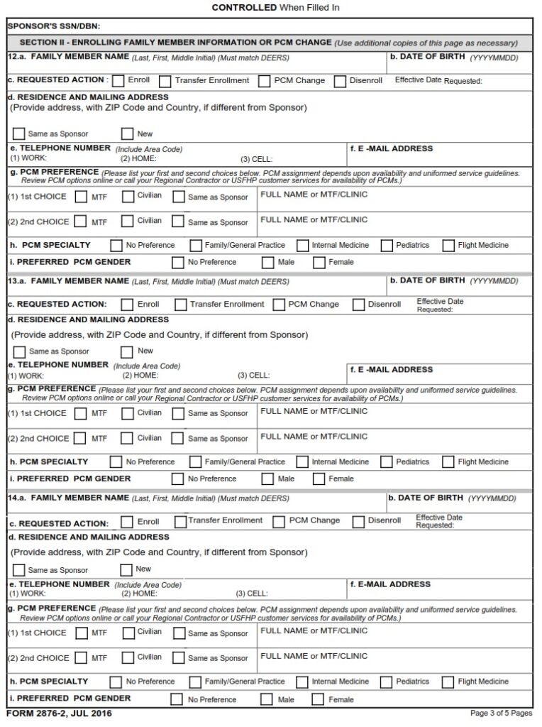 DD Form 28762 TRICARE Prime Enrollment, Disenrollment and Primary