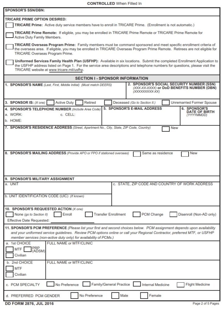 DD Form 2876 – TRICARE Prime Enrollment, Disenrollment and Primary Care ...