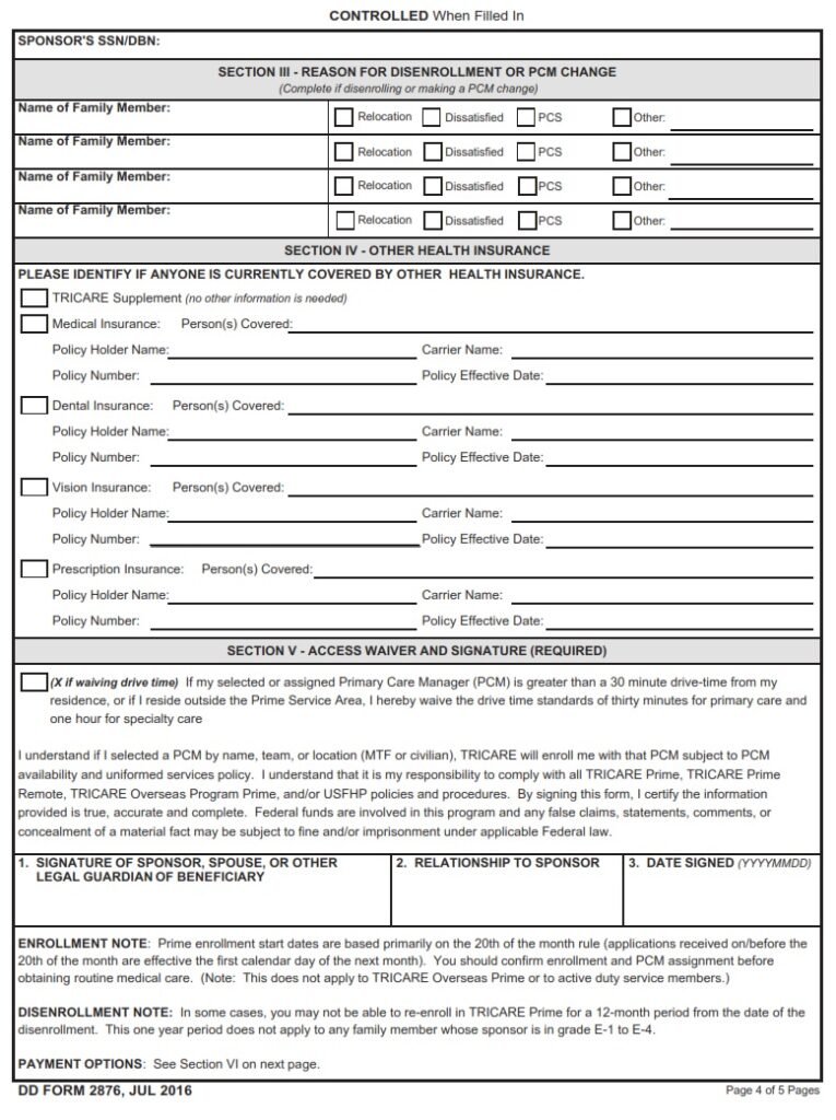 DD Form 2876 TRICARE Prime Enrollment Disenrollment And Primary Care