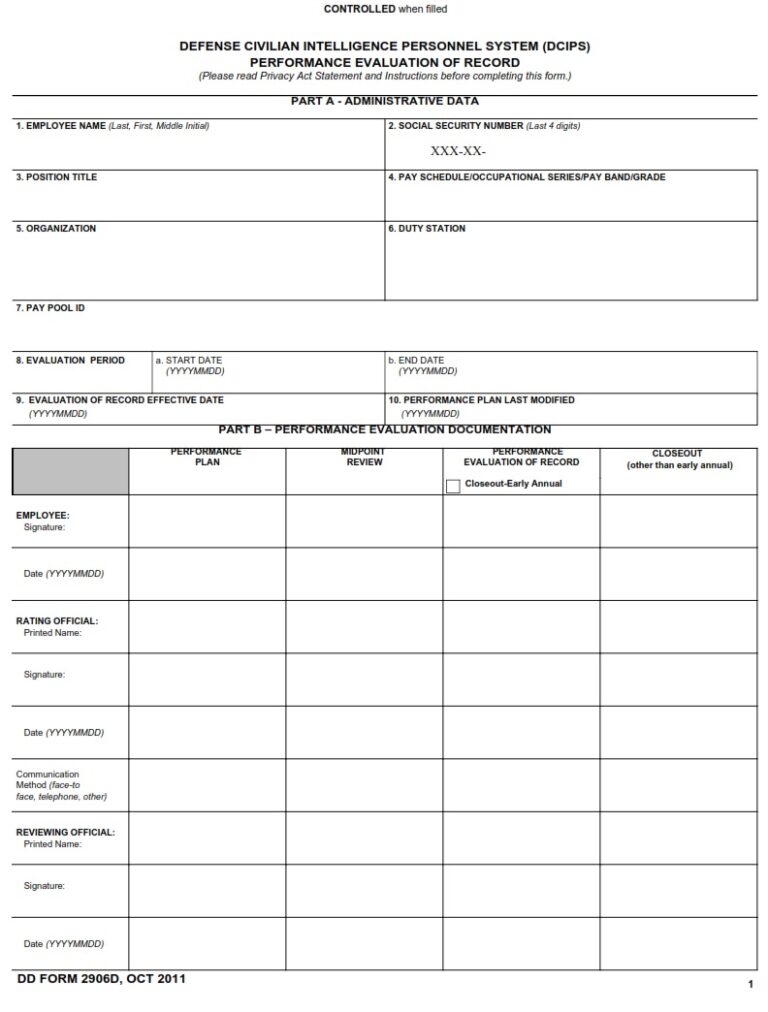 Dd Form 2906d Defense Civilian Intelligence Personnel System Dcips Performance Appraisal 4600