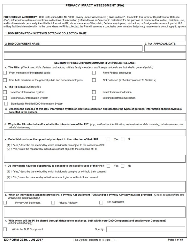 DD Form 2930 – Privacy Impact Assessment (PIA) - DD Forms