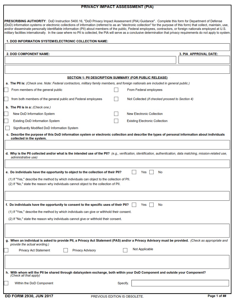 DD Form 2930 Privacy Impact Assessment PIA DD Forms
