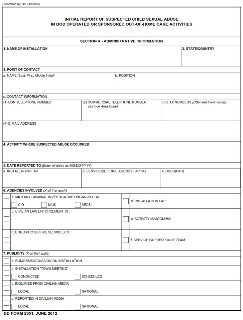 DD Form 2951 – Initial Report of Suspected Child Sexual Abuse in a DoD ...