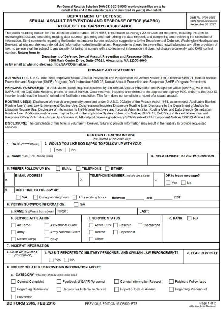 DD Form 2985 – DoD Sexual Assault Prevention and Response Office (SAPRO ...