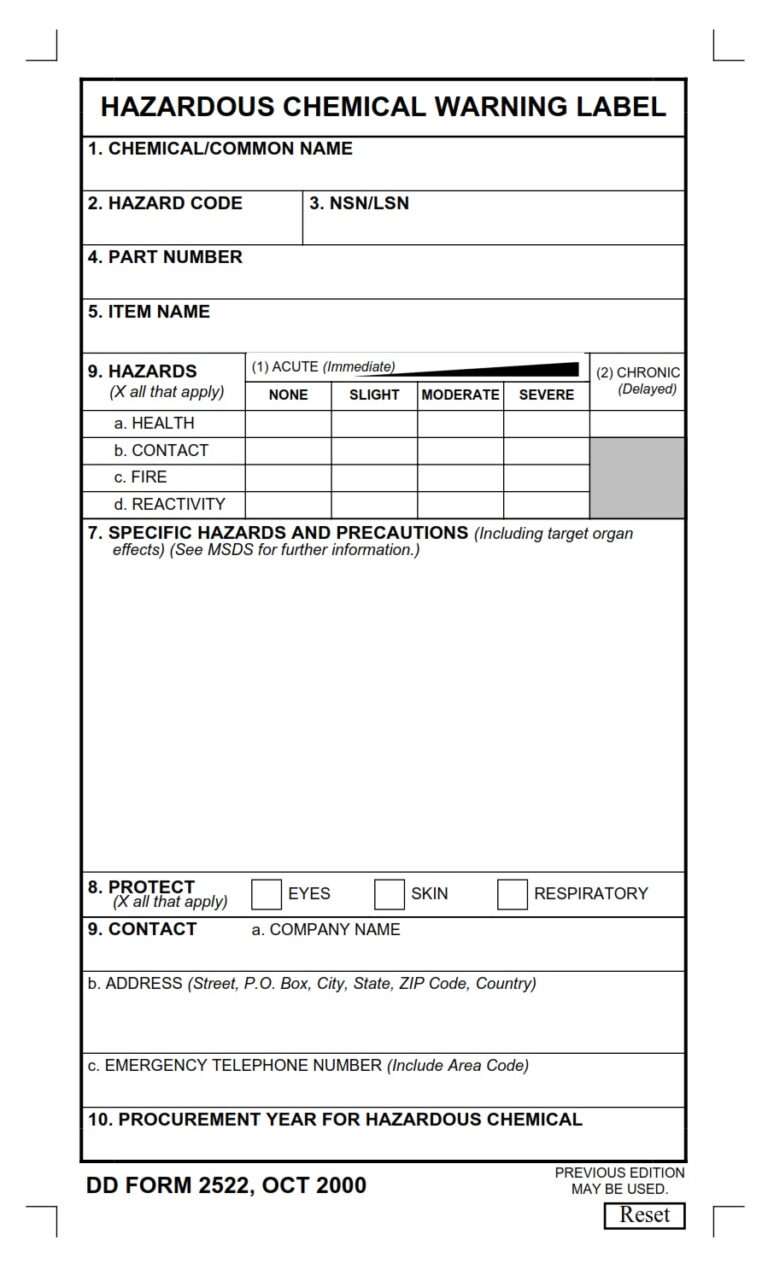 DD Form 2522 – Hazardous Chemical Warning Label (4 X 6) - DD Forms