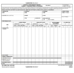 DD Form 2734/2 – Contract Performance Report, Format 2 – Organizational ...