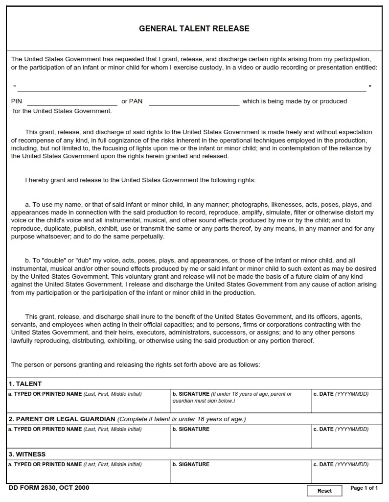 DD Form 2830 General Talent Release DD Forms