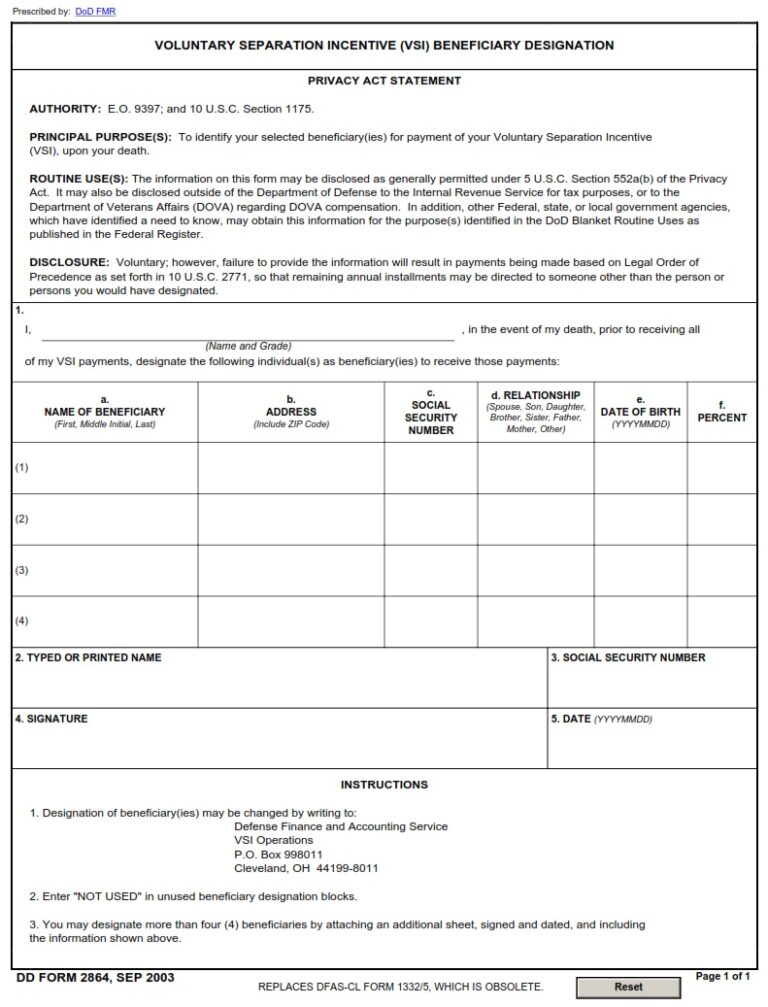 DD Form 2864 VSI Beneficiary Designation DD Forms